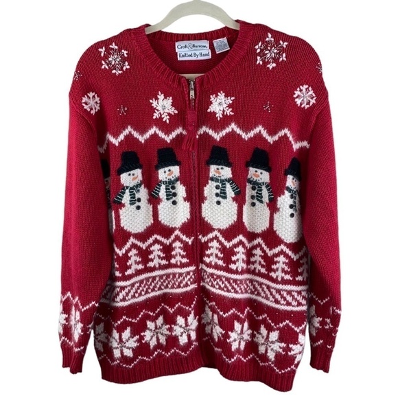 Vintage Croft & Barrow Hand Knit Zip Front Snowmen Holiday Red Cardigan Sz S - Picture 1 of 11